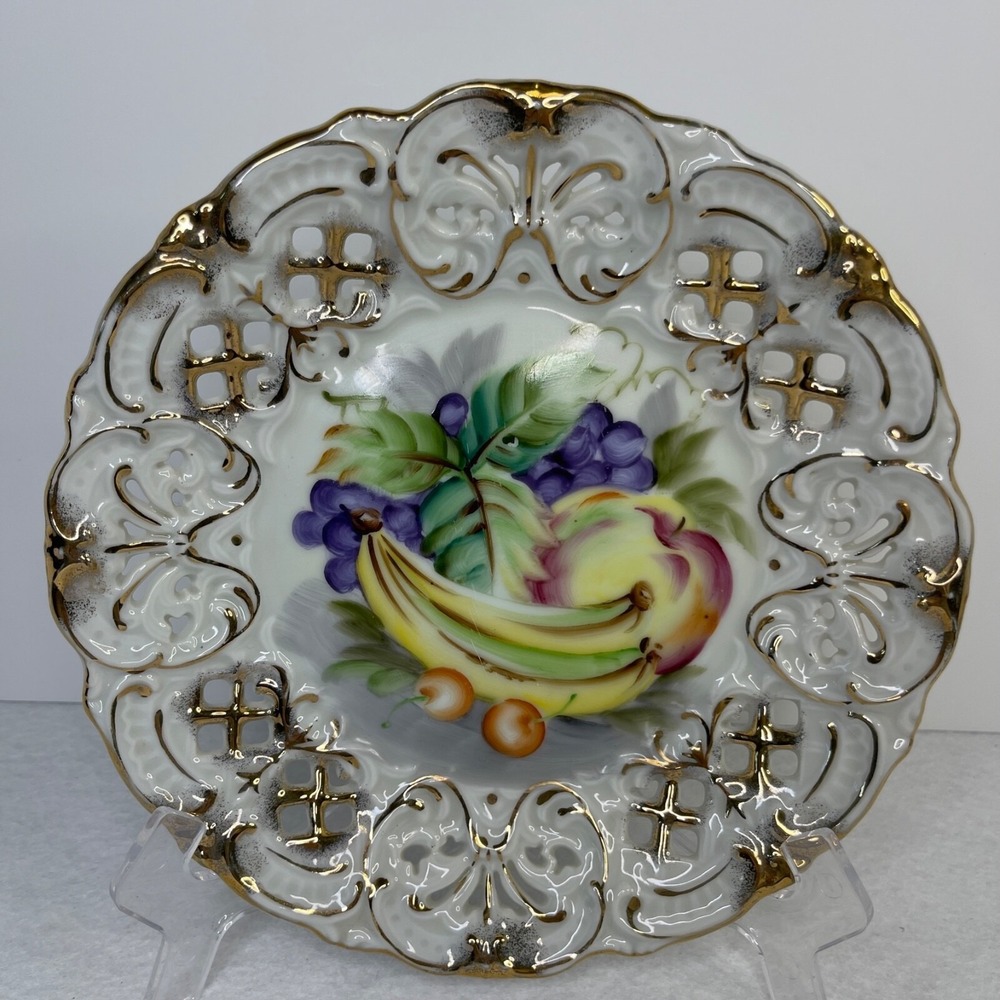 Lefton Fine China Fruit Plate Reticulated Hand Painted Lace Gold Trim 8".